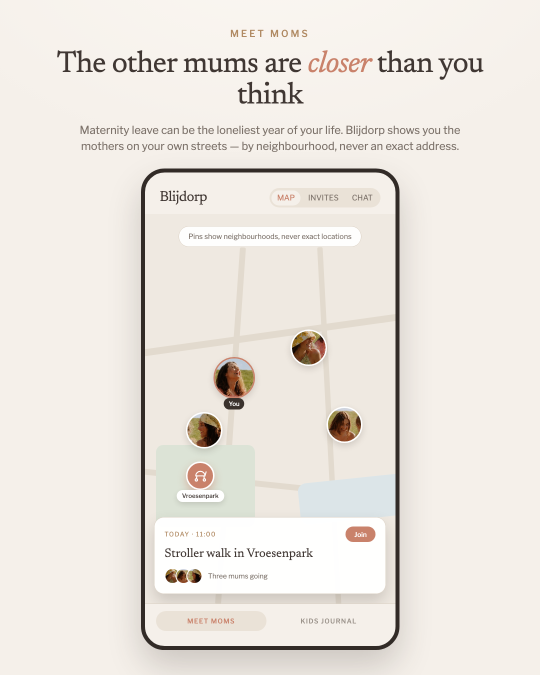 The Blijdorp map: mothers nearby shown by neighbourhood, and an open invitation for a stroller walk in the Vroesenpark